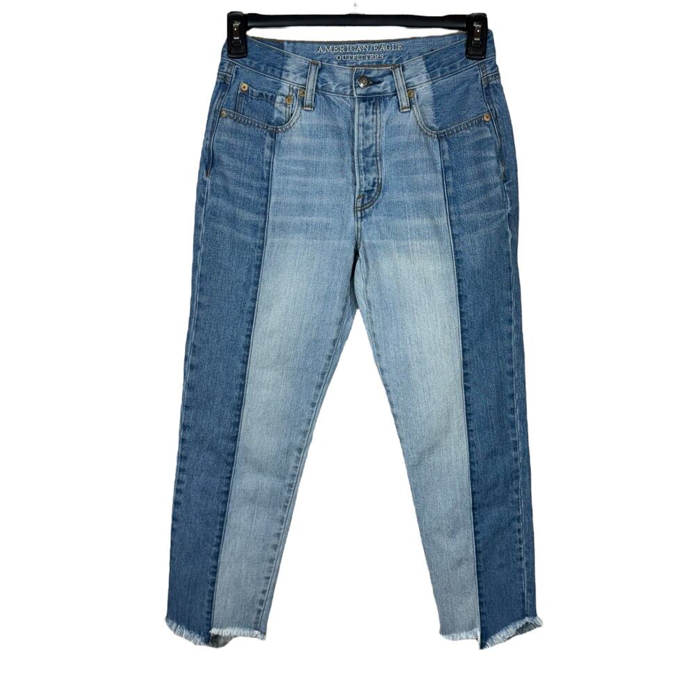 American Eagle SZ 6 Vintage Hi-Rise Ankle Jeans Button-Fly 2-Tone Frayed Pockets